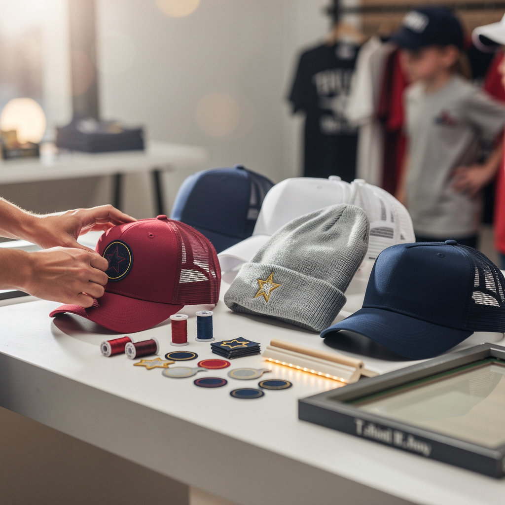 Southern Stamped Customs custom hat bar setup—guests personalizing hats at an event with sublimation, vinyl, DTF, and UV-DTF options